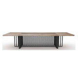 Vantage 2400 Boardroom Table front view with Warm Oak top and matt-black base