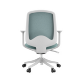 Side view of Sphere White Frame Blue Mesh office chair showing breathable mesh back and adjustable height base