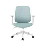 Front view of blue mesh office chair with white frame, fixed armrests and cushioned seat for workspace seating
