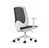 Front view of Sphere White Frame office chair showing white frame, curved mesh back, padded seat and fixed armrests