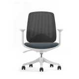 Side view of Sphere White Frame office chair with ergonomic mesh back, fabric seat and height adjustable swivel base