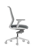 White frame mesh desk chair 90 degree side view with upholstered seat