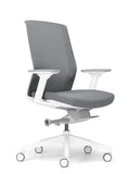 White frame ergonomic office chair angled front view with grey seat
