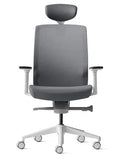 Aveya white frame ergonomic chair with arms and headrest front view
