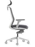 White ergonomic office chair with fixed arms and headrest side view