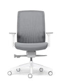 Aveya White Frame Chair front view with grey upholstered seat and mesh back
