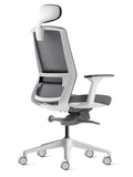 Ergonomic white frame chair with headrest and lumbar support back angle