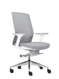White ergonomic mesh chair with polished aluminium base side view