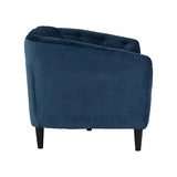 Blue velvet 3 seater couch side view with fixed cushions