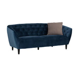 Blue quilted 3 seater sofa angled front view